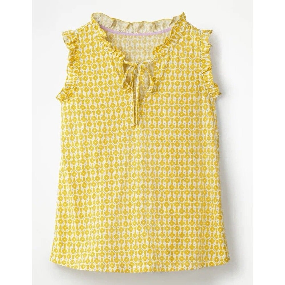 BODEN Yellow Blouse Floral Womens 6 Jersey Sleeveless Lara Ruffle Trims Tie